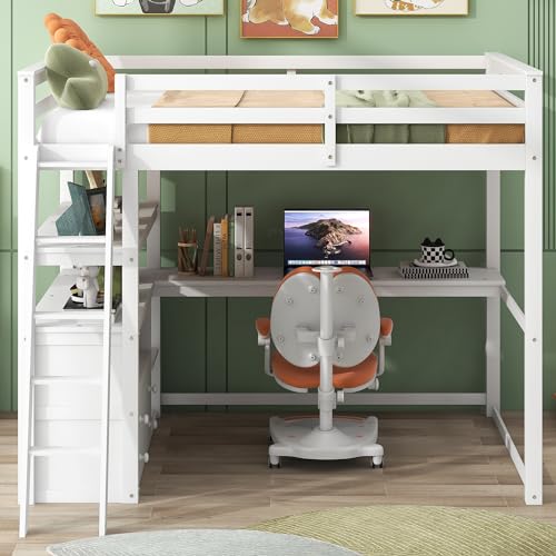 Full Size Loft Bed with Desk & Wardrobe, Solid Wood Kids Loft Bedframe w/3 Storage Drawers & 2 Shelves, Maximum Space Design, for Bedroom, Dorm, Gray