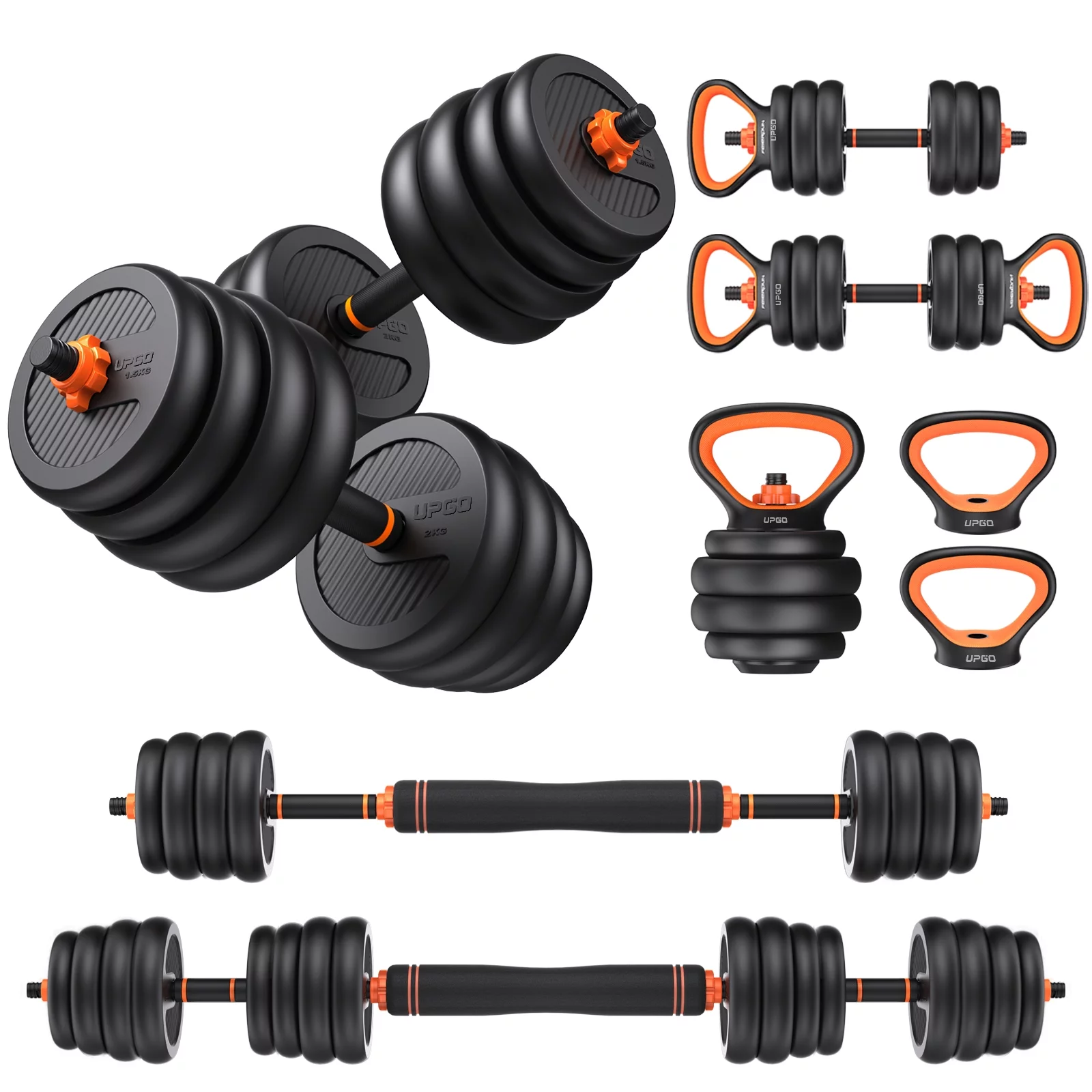 UPGO Adjustable Dumbbells, 70lbs Free Weight Set with Connector, 4 in1 Dumbbells Set Used as Barbell, Kettlebells, Push up Stand