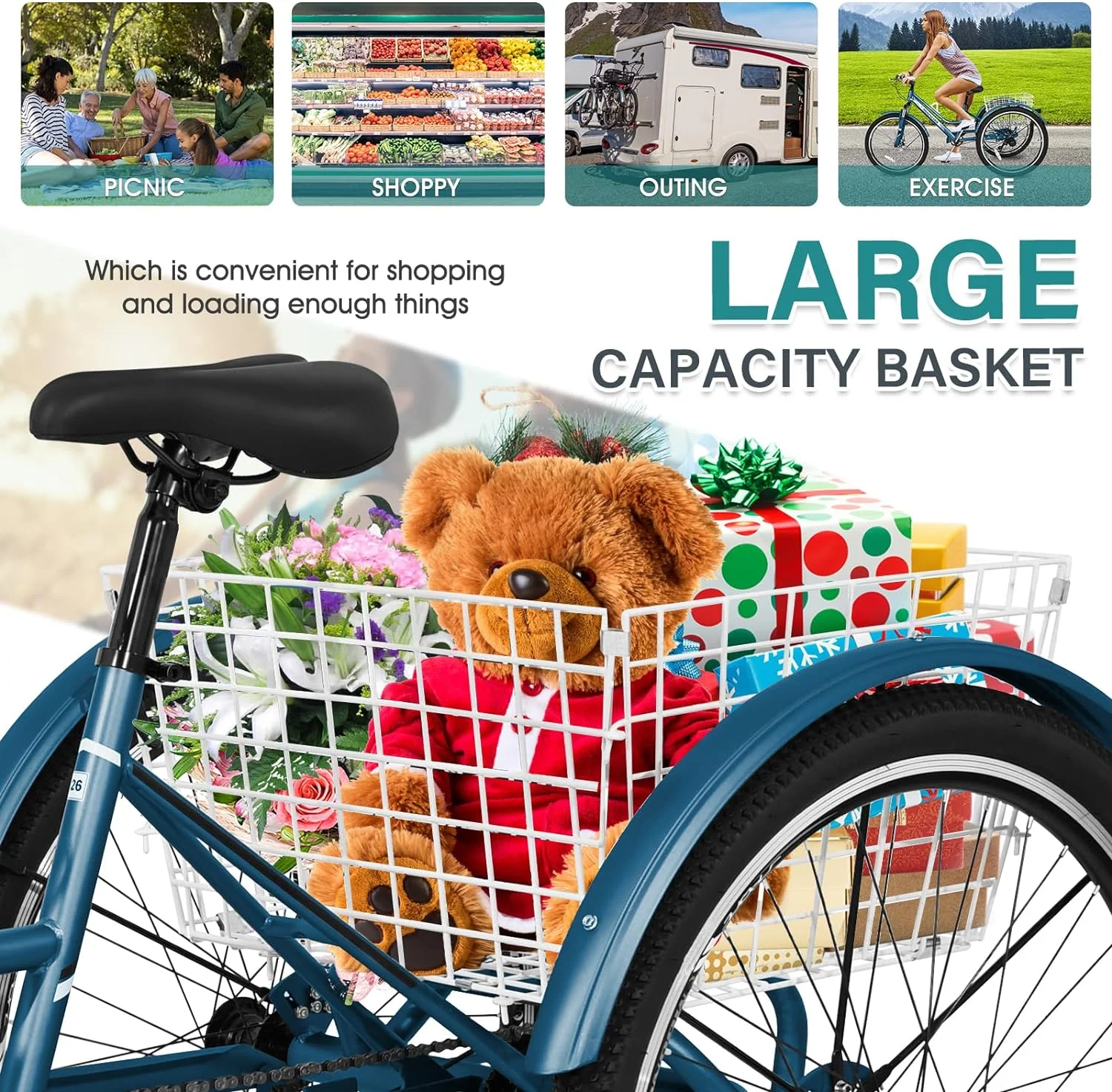 ABORON Adult Mountain Tricycle, 7 Speed Three Wheel Bike, 24/26/27.5 Inch Adults Trikes for Seniors with Shopping Basket
