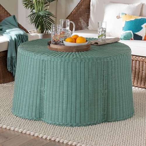 bali & pari Palm Scalloped Rattan Coffee Table - Handwoven Wicker Round Accent Table for Living Room Patio or Sunroom, Coastal Boho Style, White