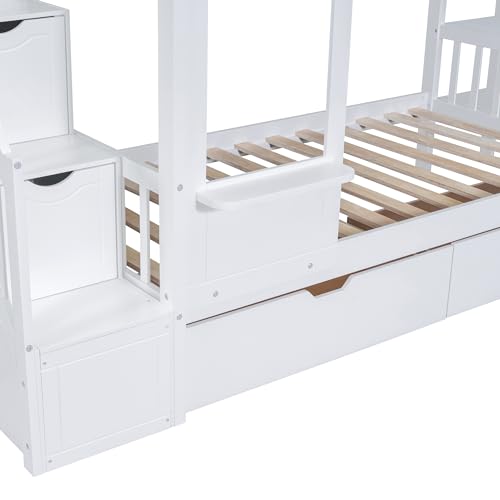 Harper & Bright Designs Twin Over Twin Bunk Bed with Stairs and Slide, Solid Wood Bunk Bed Frame with Storage Drawers and Bookshelf
