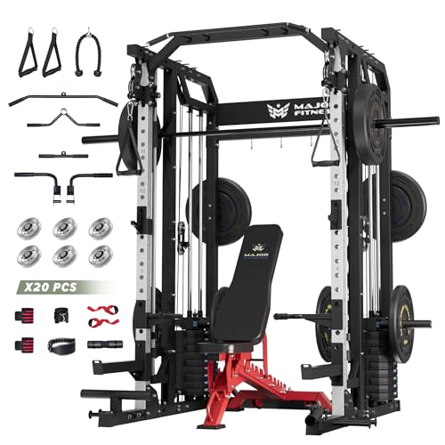 Major Fitness Smith△ Machine Drone2 Premium, All-in-One Home Gym Squat Rack with Aluminum Pulley Set , Weight Bar