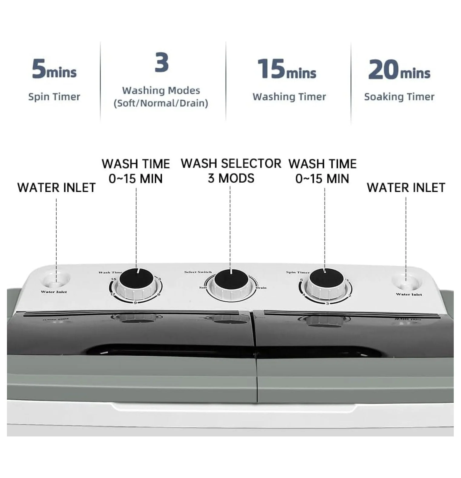Portable Washing Machine 24lbs Mini Washing Machine Washer(15lbs)&Spiner(9lbs),Washer and Dryer Combo with Premium Metal Bucket for Apartments