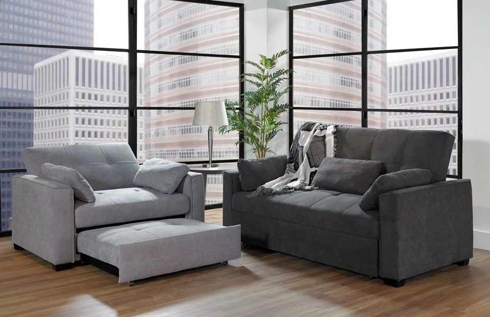 Nantucket Pull-Out Chenille Sleeper Sofa with Accent Pillows, Queen Size, Light Gray