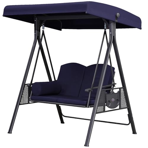 PURPLE LEAF Outdoor Patio Porch Swing with Adjustable PVC Canopy, 3-seat Swing Chair Bench with Side Cup Holder for Backyard Front Porch Lawn