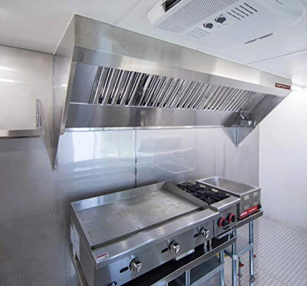 CAPTIVE-AIRE Food Truck Low Profile Exhaust Hood System Includes a stainless steel exhaust hood, an exhaust fan, an adjustable duct section