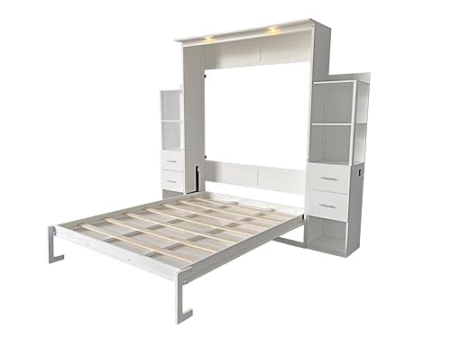 Queen Size Murphy Bed with Desk & Charging Station,Wall Bed Frame Folding into Cabinet Design w/LED & Storage Shelf for Small Space,Bedroom