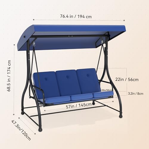 3-Seat Outdoor Porch Swing Glider with Adjustable Canopy, Patio Swings Bed with Removable Cushion for Porch, Backyard, Garden, Poolside, Balcony