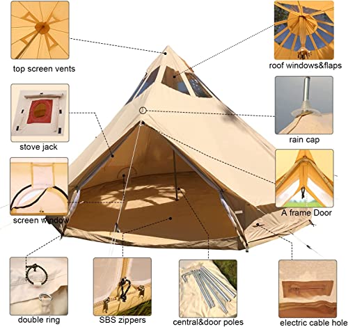 UNISTRENGH 5M Star Gazer Bell Tent 4 Season Waterproof Cotton Canvas Glamping Yurt Tent with Stove Jack Hole and Roof Windows for 6-8 Persons Camping