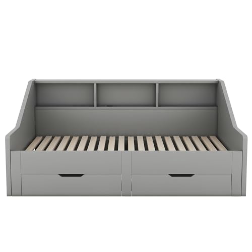 Merax Twin to King Daybed with Storage Bookcases and Two Drawers, Wood Bed Frame with Trundle and USB Charging Design for Bedroom, Guest Room