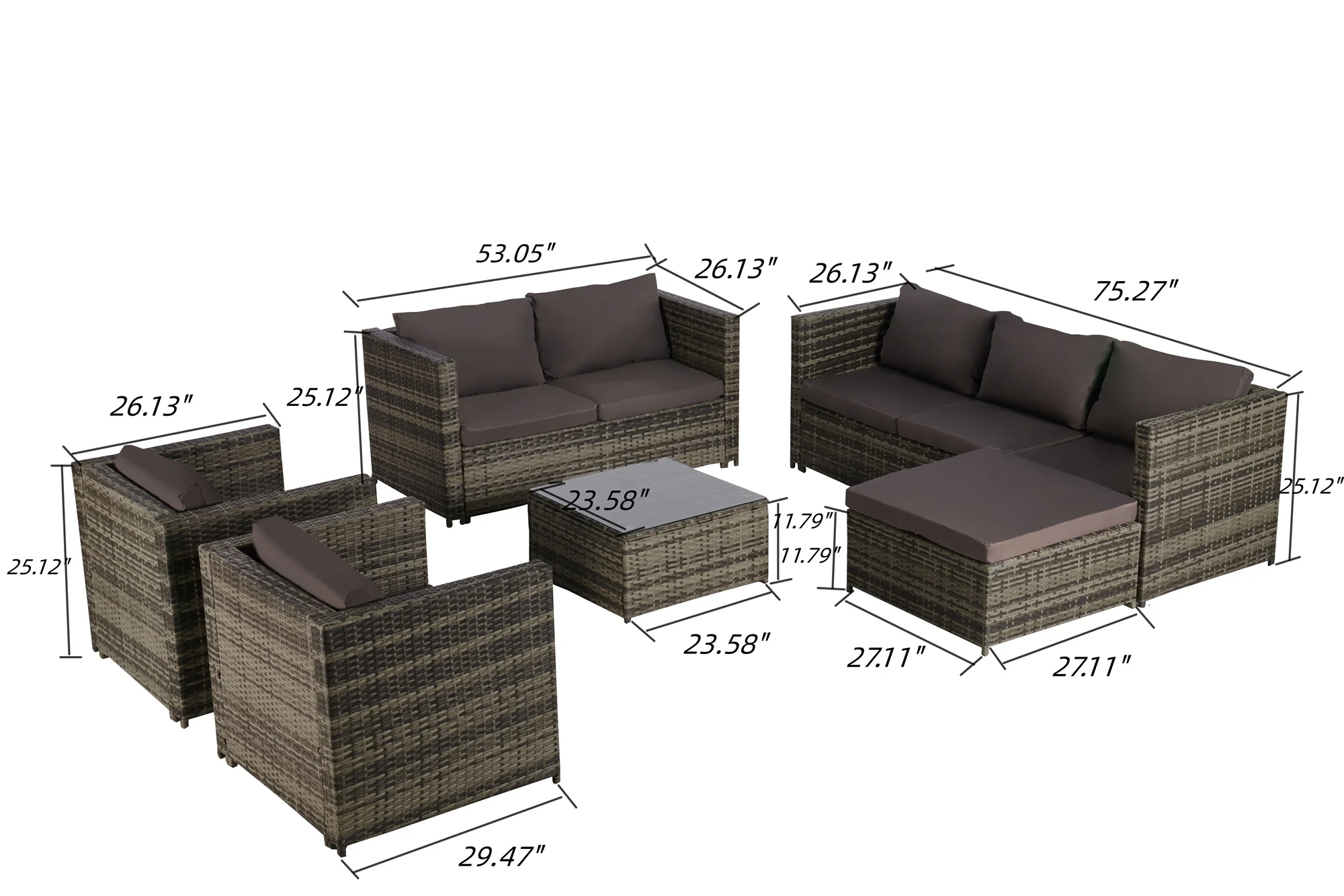 Highsound 6 Pieces Outdoor Patio Furniture Set, All-Weather Patio Outdoor Conversation Sectional Set with Coffee Table & Ottoman, Wicker Sofas