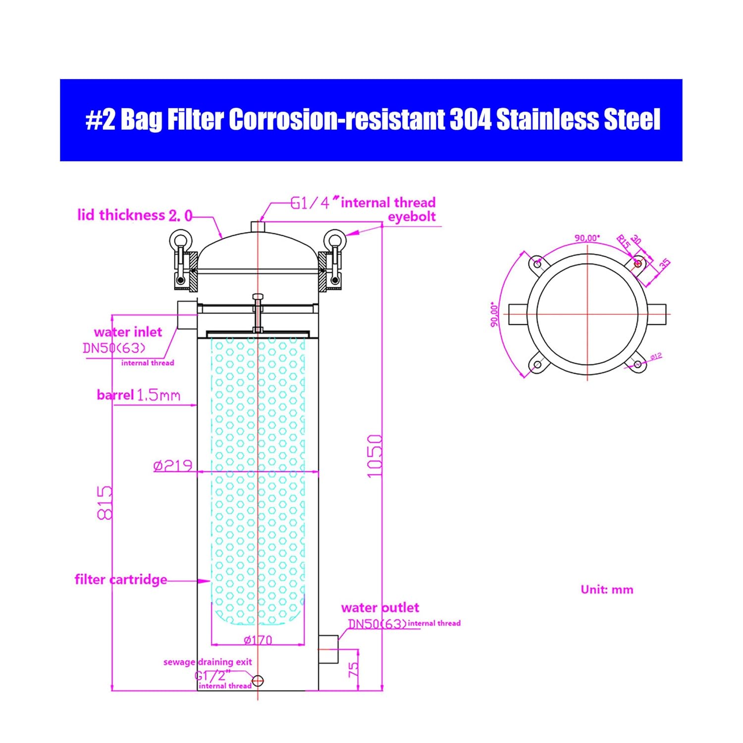 #2 Bag Filter Housing 304 Stainless Steel Convex Cover Flat Bottom Bag Filter