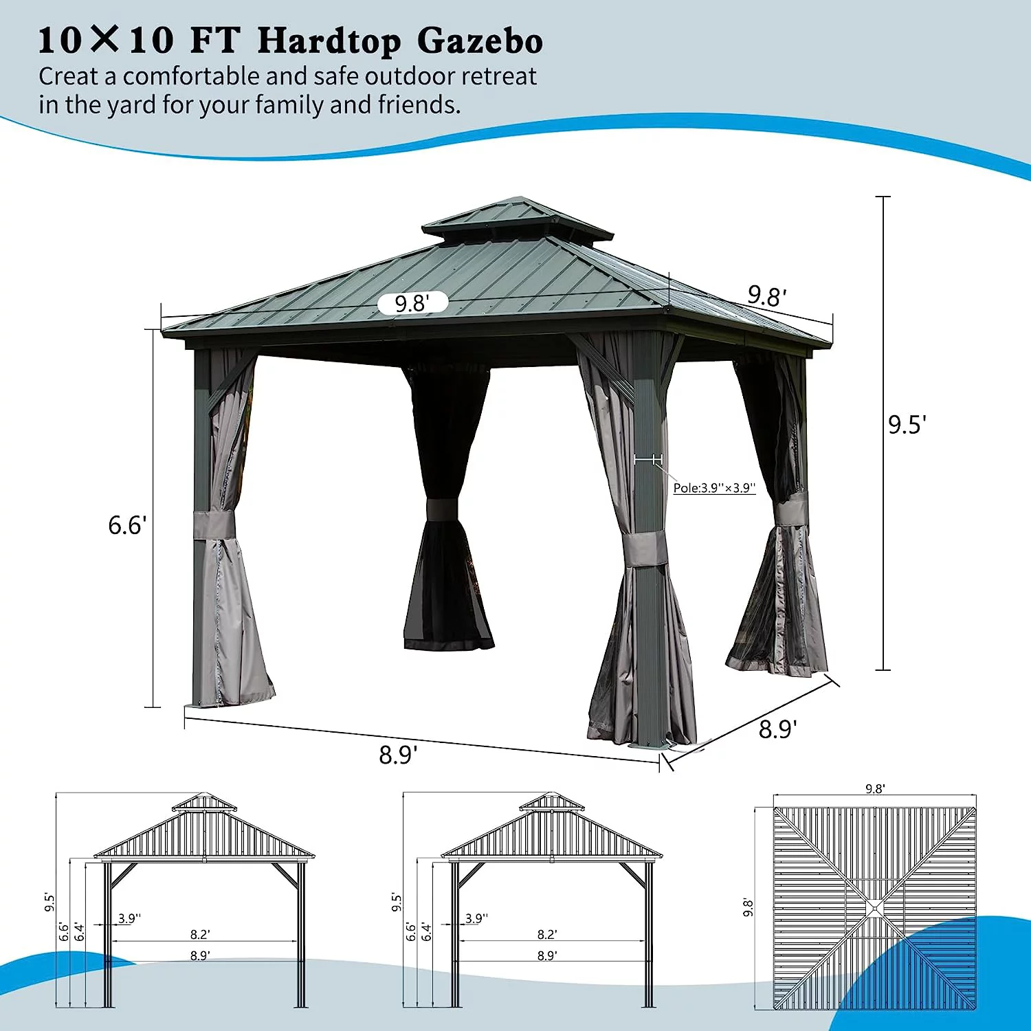 Domi Outdoor Living 10’ x 10’ Hardtop Gazebo Aluminum Frame Canopy with Netting & Curtains