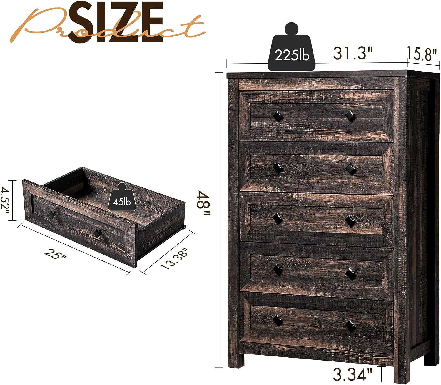 Amerlife 5 Drawers Dresser for Bedroom, Wood Tall Dresser with Vintage Gain for Adult, Dark Oak