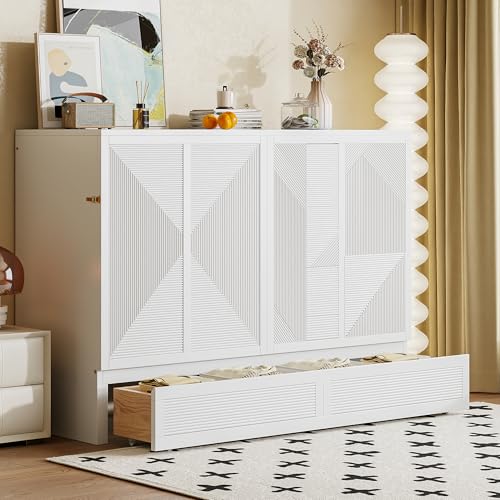 Harper & Bright Designs Full Size Murphy Bed Cabinet Wall Bed, Solid Pine Murphy Bed Chest with USB Ports