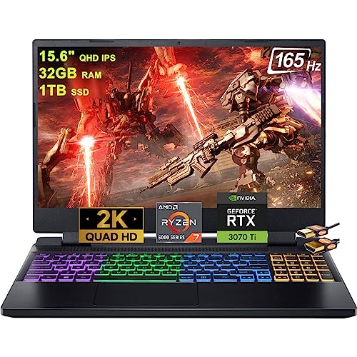 Acer Nitro 5 15 Gaming Laptop 15.6" QHD IPS 165Hz Display AMD Octa-core Ryzen 7 6800H (Beat i7-11370H) 64GB RAM 1TB SSD GeForce RTX3070Ti 8GB Graphic