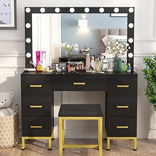 RUNFAYBIU Vanity Set with Lighted Mirror  44''  Vanity Dressing Table with 14PCS LED Bulbs  Vanity Desk with Cushioned Stool &amp