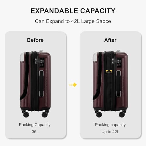 LEVEL8 Grace Carry on Luggage Airline Approved, 20 Inch Expandable Hardside Suitcases with wheels, Abs+Pc Harshell Spinner Luggages with Tsa Lock, Red