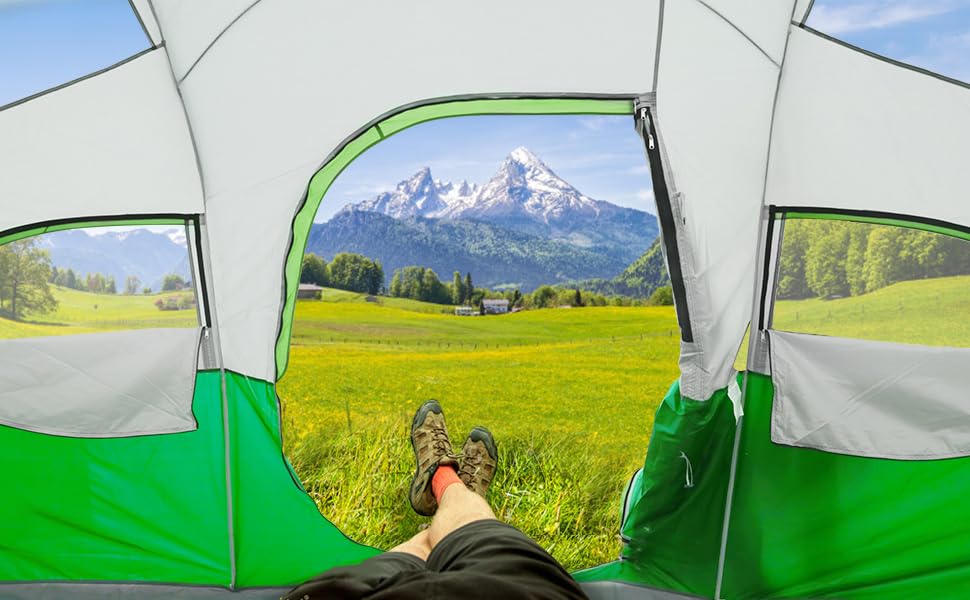 CAMPROS CP Tent 8 Person Camping Tents, Weather Resistant Family Tent, 5 Large Mesh Windows, Double Layer, Divided Curtain for Separated Room