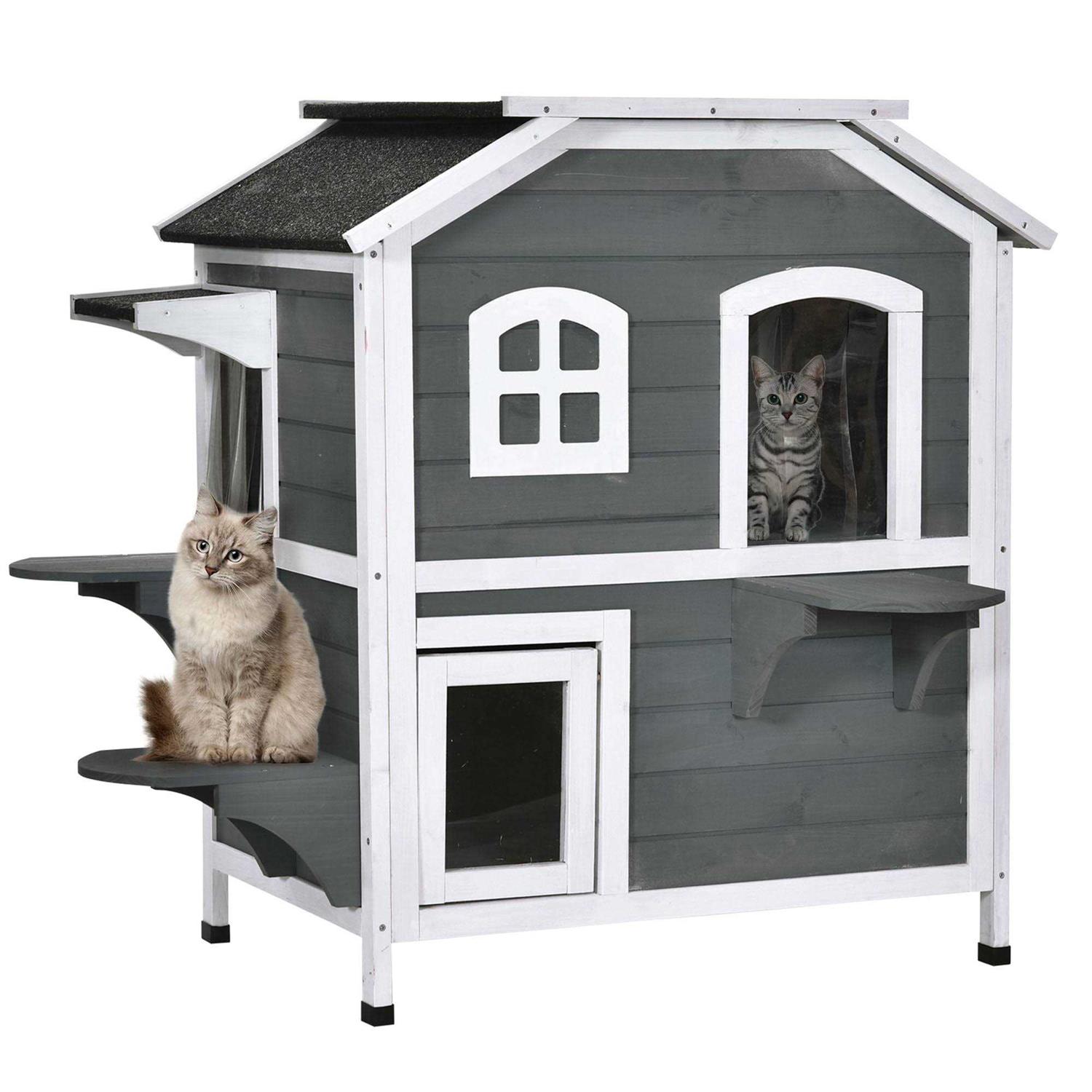 PawHut Wooden 2-Story Outdoor Cat House with Escape Door, Cat Openable Roof Platforms - Pet Supplies online store