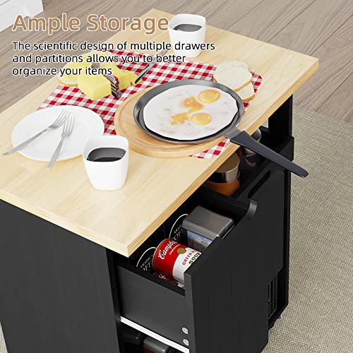 Shintenchi Rolling Kitchen Island Cart with Folding Drop Leaf Breakfast Bar, Portable Trolley Island with Large Storage Cabinet, Shelf and Drawer