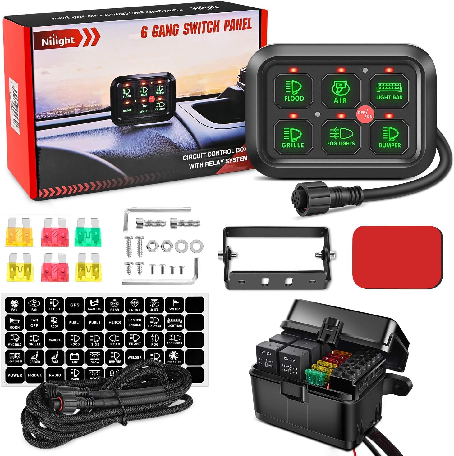 Nilight 6 Gang Switch Panel Universal Circuit Control Relay System with Fuse Wiring Harness Automatic Dimmable ON-Off LED Switch Pod for Cars Trucks