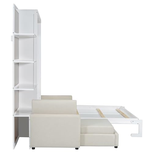 HABITRIO Queen Size Murphy Bed, Wooden Queen Murphy Bed Frame with Shelves, Wall Bed with L-Shape Sofa, White