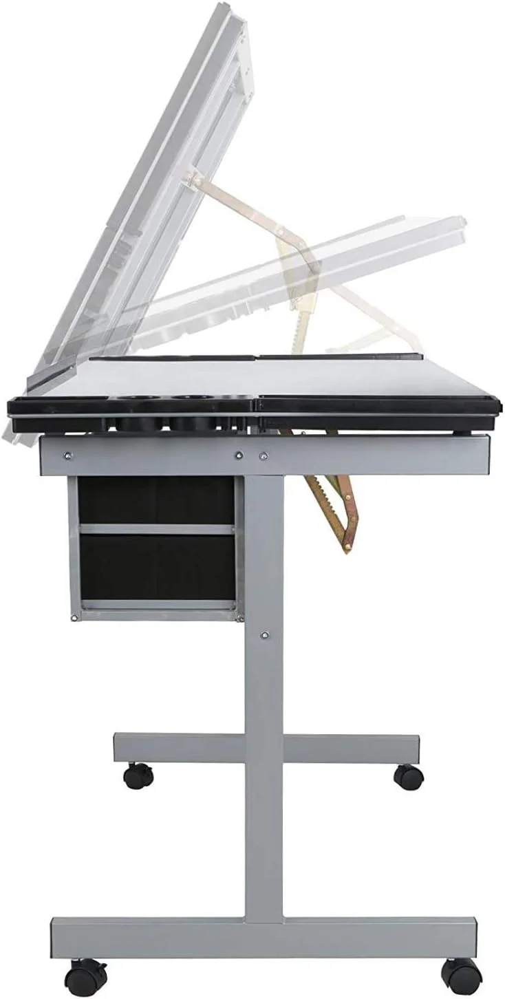 KHBIULIFE Adjustable Drafting Drawing Table Desk Tempered Rolling Glass Top Art Craft Station Desk w/2 Slide Drawers and Castors