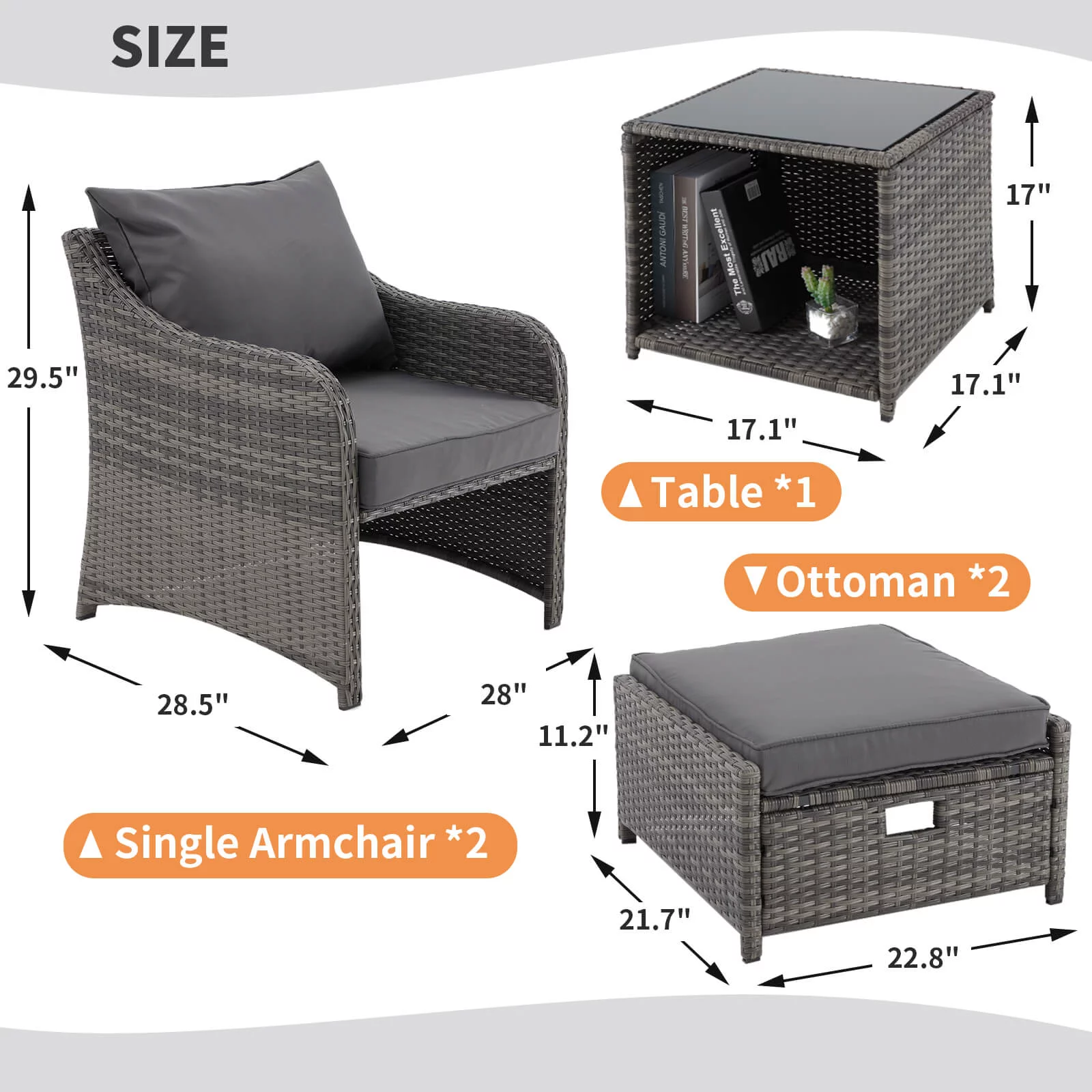 HOMREST 5 Piece Balcony Furniture, All Weather PE Wicker Rattan Patio Furniture Set, Cushioned Patio Chairs Set of 2 w/Ottoman&Table