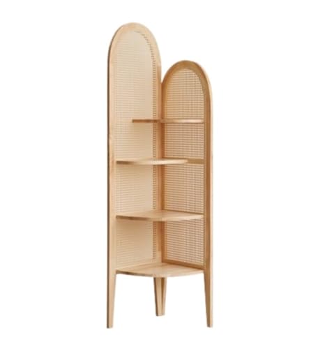 Corner Shelf Corner Bookshelf 4 Tier Corner Shelf Wooden Corner Bookshelf Rattan Weaving Bookcase and Plant Stand for Living Room Bedroom Corner