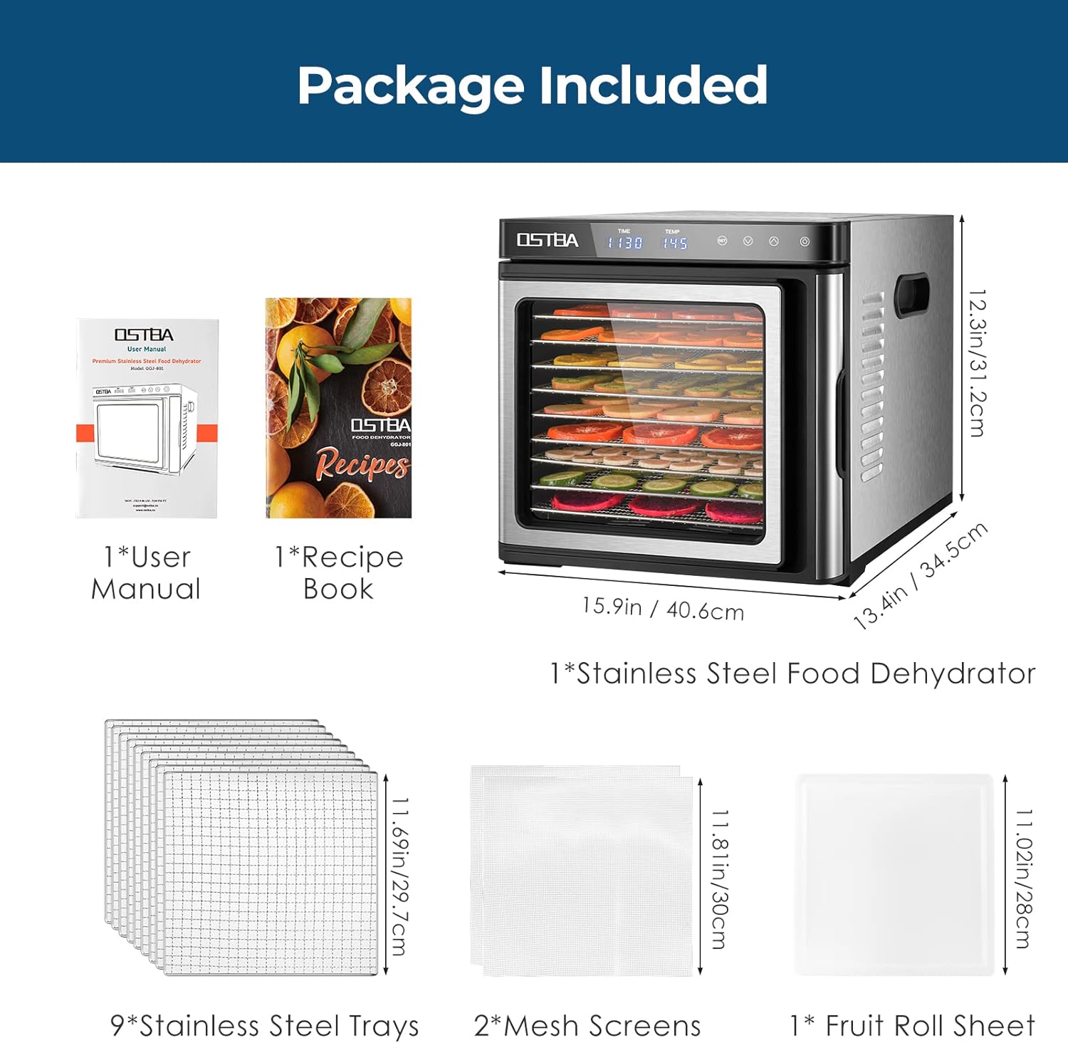 OSTBA Food Dehydrator Machine, 9 Stainless Steel Trays Dehydrators for Food and Jerky, Herbs, Veggies, Fruits, Adjustable Temperature and 48H Timer