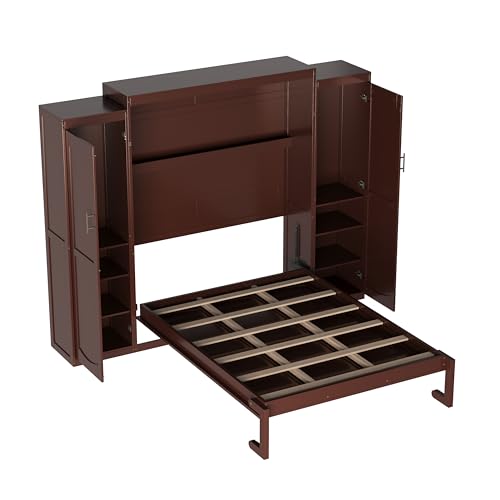 Queen Size Murphy Bed Wall Cabinet with 2 Wardrobe and Storage Shelf, Wooden Murphy Cube Wall Bed