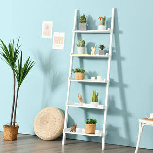 Costway Ladder Shelf 5-Tier Plant Stand Wall-Leaning Bookcase Display Rack White