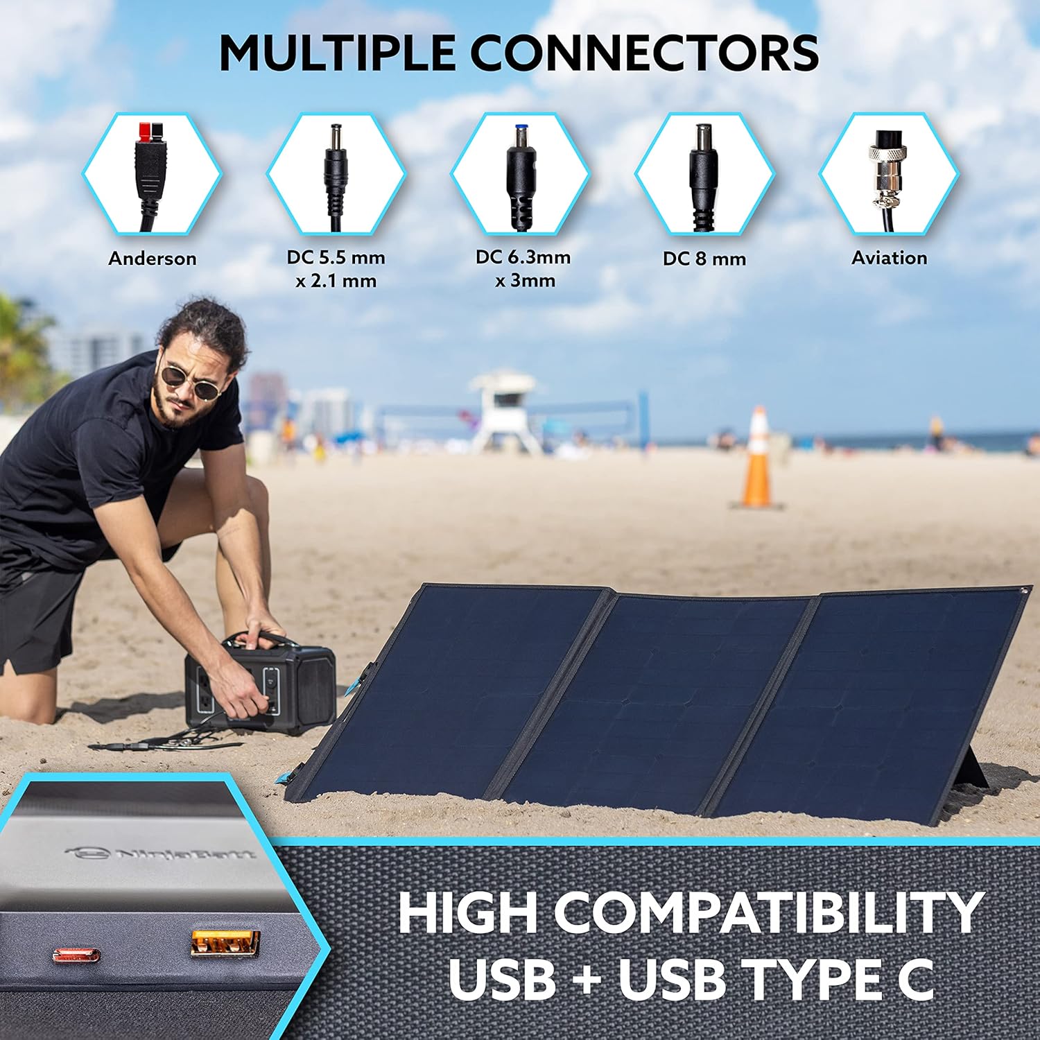 NinjaBatt 120W Foldable Portable Solar Panel for Power Stations, Compatible with Jackery Explorer, Goazl Zero Yeti