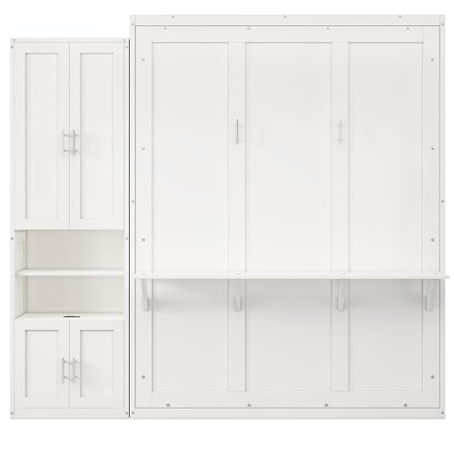 Modern Murphy Bed with 2 Side Cabinet Storage Shelf, Dual Piston System, Sturdy Metal Frame Wall Bed for Guest Room, Home Office (Brown+Bookshelf2