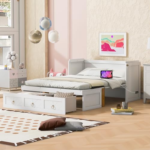 Harper & Bright Designs Full Size Murphy Bed Wall Bed, Solid Pine Murphy Bed Chest Cube Cabinet Bed with USB