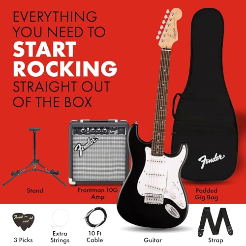Fender Squier Debut Series Stratocaster Electric Guitar Kit, Beginner Guitar Kit, with 2-Year Warranty, with Padded Gig Bag, Frontman 10G Amp, Strap