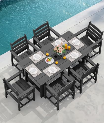 SERWALL Outdoor HDPE Dining Table Set, 7-Piece Outdoor Dining Table Sets with Umbrella Hole Cut-Out Table and 6 Chairs, Gray