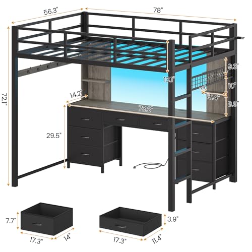ADORNEVE Full Size Loft Bed with Desk and 8 Storage Drawers, Metal Loft Beds Full with LED Lights & Charging Sation