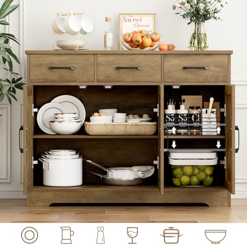 HOSTACK Modern Farmhouse Sideboard Buffet Cabinet, Barn Doors Buffet Storage Cabinet with Drawers and Shelves