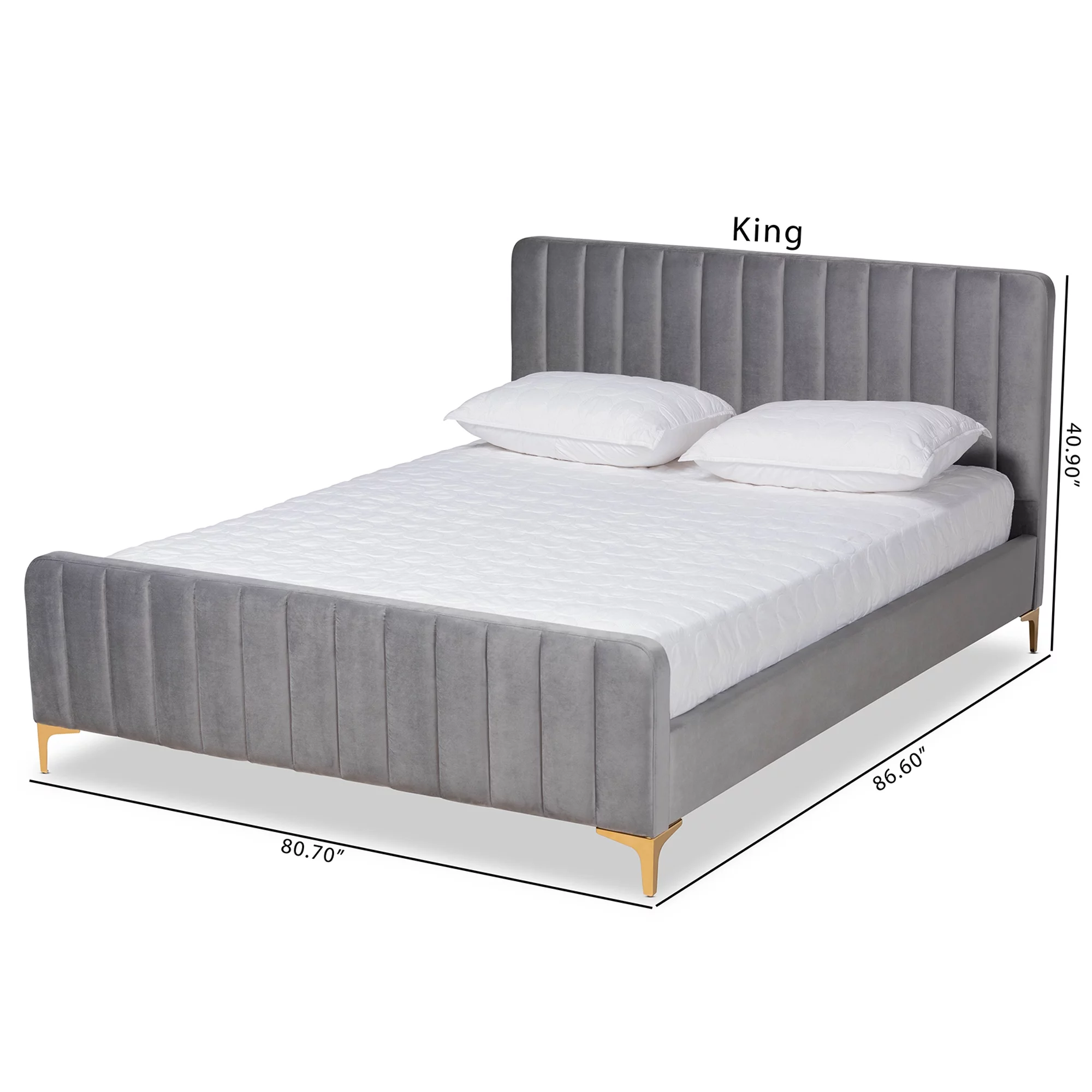 Baxton Studio Nami Modern Contemporary Glam and Luxe Light Grey Velvet Fabric Upholstered and Gold Finished Queen Size Platform Bed
