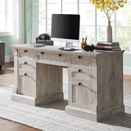 OKD 60" Executive Desk with Drawers, Farmhouse Home Office Desk with Charging Station, Keyboard Tray, File Cabinet Storage