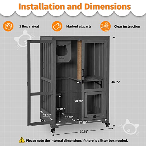 MCombo Luxury Cat House with Scratching Post, Wooden Multi Feature Large Cat Condo with Escape Door and Wheels