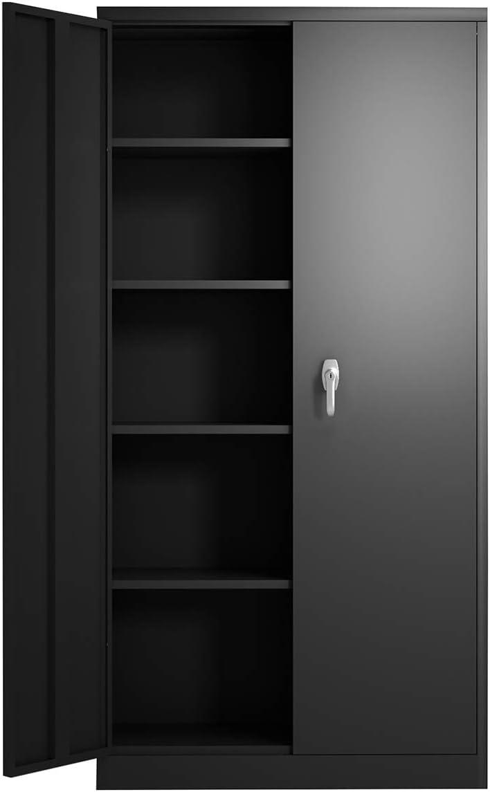 Metal Storage Cabinet with Locking Doors, Garage Storage Cabinet with 4 Adjustable Shelves, Black Steel Storage Cabinet for Home Office and Warehouse