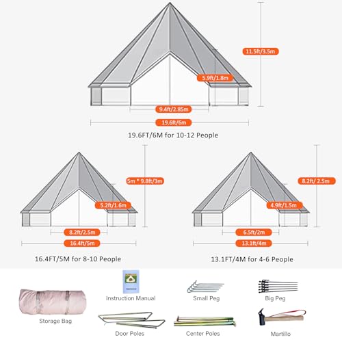 Canvas Bell Tent, 4 Seasons Yurt Tent with 2 Stove Jack, 4 Mesh Zippers Windows, Breathable Waterproof Tent Suitable for 4-12 People