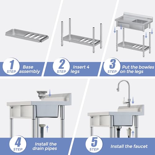 Utility Freestanding Kitchen Sink with Hot and Cold Water Pipe,Drawer, Stainless Steel Sink for Laundry Room Bathroom Farmhouse,39inch
