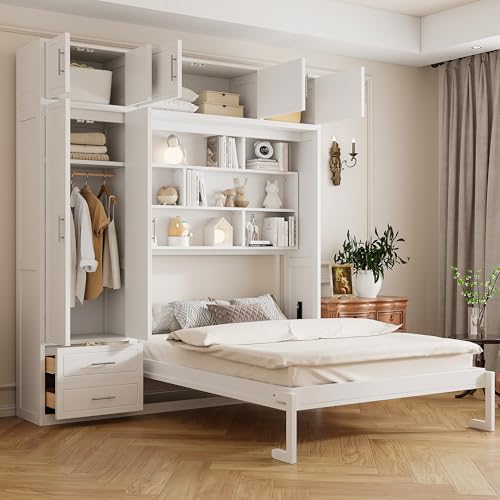 Merax Queen Size Murphy Bed with Top Cabinet, Shelves and Wardrobe, Fold into The Wall, Multifunctional Foldable Platform Bed Frame for Bedroom