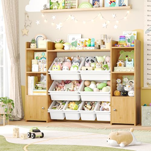 FOTOSOK 55''Large Toy Storage Organizer with 8 Toy Bins, Toy Organizers and Storage with Shelf and 6 Storage Cubbies, Bookshelf for Kids