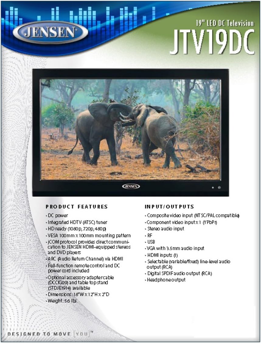 Jensen JTV19DC HD Ready 19 Inch 12V DC RV LED TV with Integrated HDTV (ATSC) Tuner, HD Ready (1080p, 720p, 480p), 1366 x 768 Full HD
