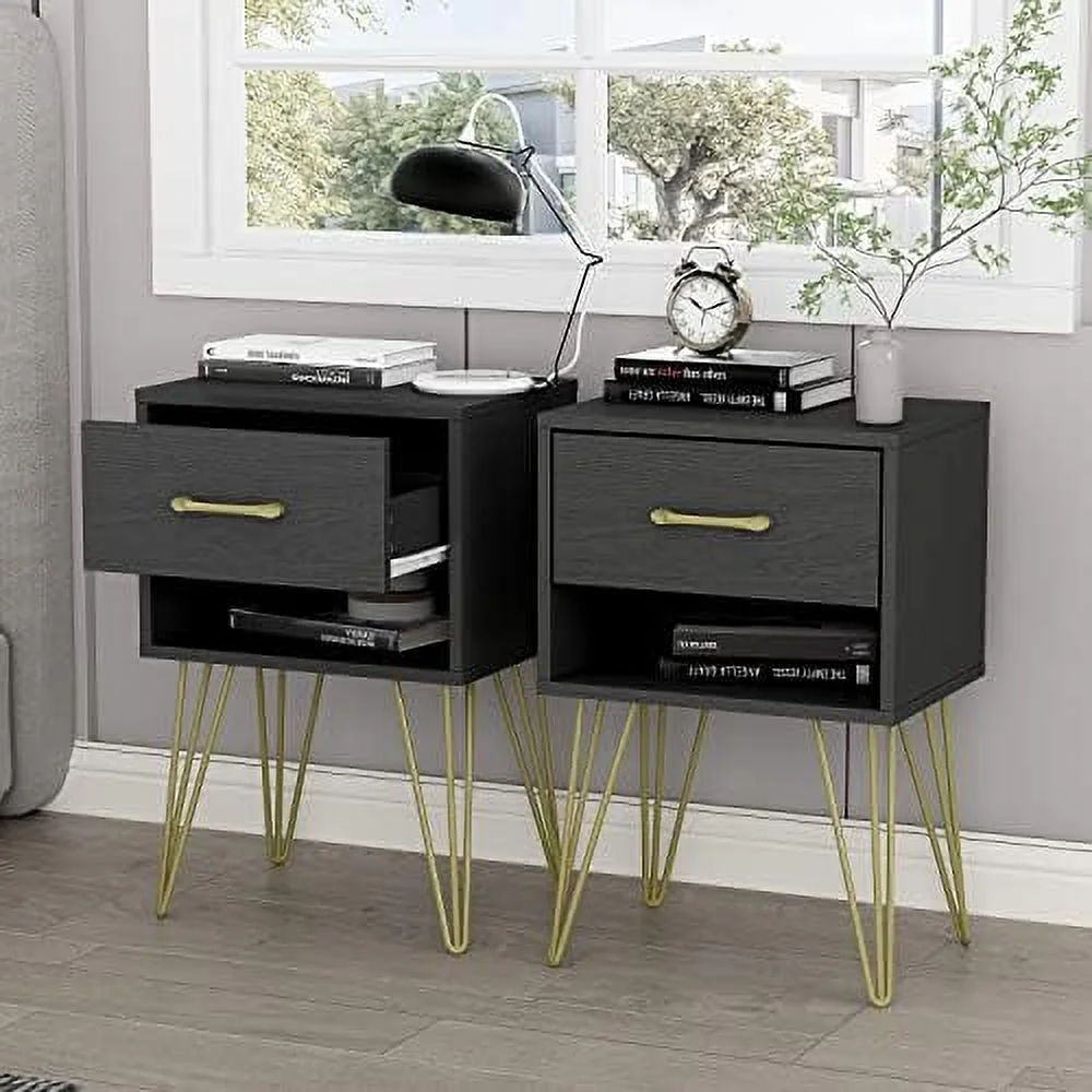 HOOMHIBIU Black Nightstand Set of 2  Wooden End Table Set with Drawer &amp;   Bed Side Table with Gold Metal Legs for Bedroom Small Space  (15.7"